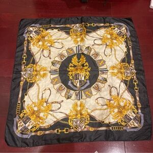 Vintage Women's Satin Scarf 34x34 Square Black Gold White Buckle Design